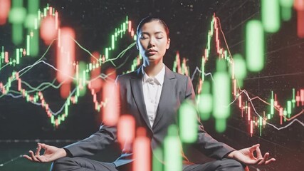 Businesswoman meditation in lotus pose with stock market financial chart and candlestick graph overlay showing calm focus in financial environment and stock market trading analysis - Powered by Adobe