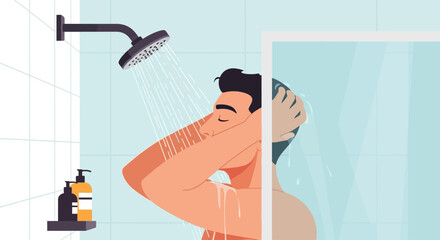 A crisp flat design illustration showcasing a person taking a refreshing shower in a minimalist bathroom setting. This clean vector image symbolizes daily cleansing and personal hygiene.