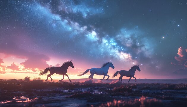 星空の下を駆け抜ける幻想的な馬たち