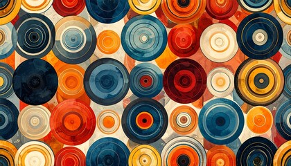 A vibrant, geometric pattern featuring overlapping, multi-colored concentric circles, creating a rich texture against a textured background