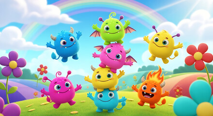 Colorful cartoon monsters playing in a field with flowers under a bright rainbow sky backdrop