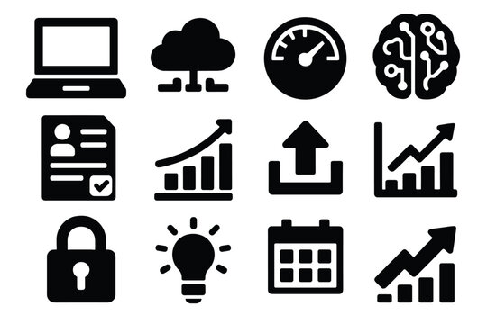 Bold Learning Icons. Digital Learning Analytics silhouette icon set: laptop, data cloud, KPI meter, AI brain, course report, progress chart, upload icon, statistics graph, secure