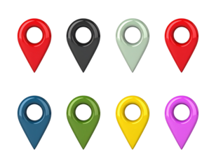 A set of glossy 3D map pins (primary, secondary, success, danger) with specular highlights, isolated on transparent background, PNG
