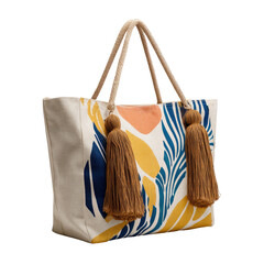 Tote bag with colorful leaf pattern and tasseled rope handles