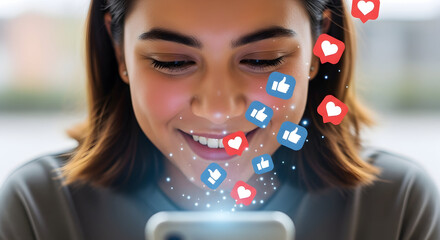 Smiling Young Woman Engaged with Social Media Notifications on Her Phone Shows Modern Connectivity Representing Digital Lifestyle Interaction and Positive Online Experience with Feedback Icons and