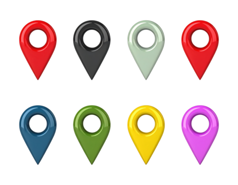 A set of glossy 3D map pins (primary, secondary, success, danger) with specular highlights, isolated on transparent background, PNG - Powered by Adobe
