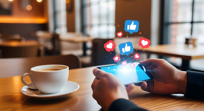Digital Engagement with Mobile Phone Coffee Break Social Media Notification Marketing Strategy in Cafe Setting Online Influence Customer Feedback Customer Relationship Digital Age Connection