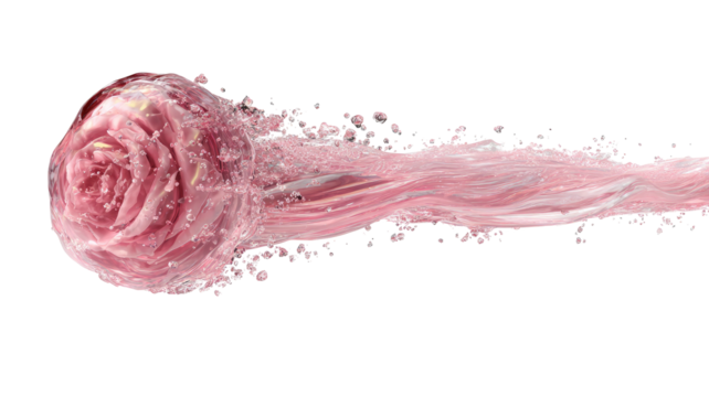 Pink rose exploding with water against black