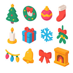 Fototapeta premium Holiday Icon Set. Holiday Decor modern flat icons set: Christmas tree, wreath, bauble, stocking, candle, gift box, snowflake, mistletoe, fairy lights, bell, ribbon, fireplace.