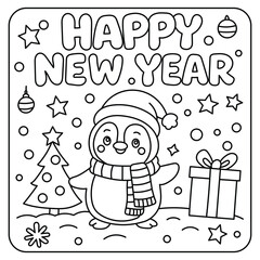 Cute snowman with gifts — Happy New Year coloring page
