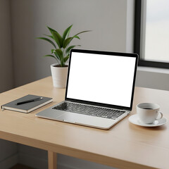 Fototapeta premium Modern Workspace with Laptop Mockup Notebook and Coffee at Home Office Desk Minimalist Desktop Scene with Plant and Window