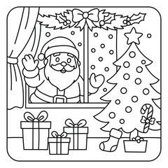 Santa Claus waving through window with Christmas tree and gifts coloring page