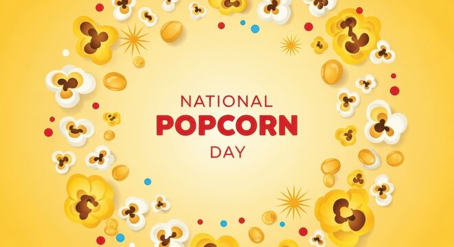 National popcorn day celebration with a festive wreath of popcorn and colorful confetti on a bright yellow background, perfect for holiday greetings and promotions - Powered by Adobe