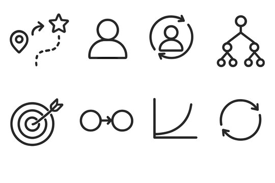 Reinforcement Learning Icons. Reinforcement Learning linear icon set: reward path, agent icon, feedback loop, decision tree, goal target, state transition diagram, algorithm curve,
