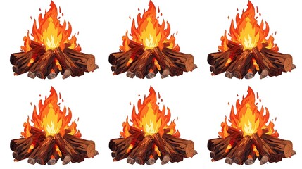 Collection of campfire illustrations isolated on white or transparent PNG background. Set of realistic fireplaces and burning flames.