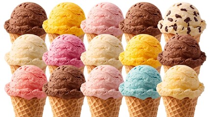 Assorted ice cream scoops on waffle cones, isolated on a transparent background. PNG cutout mockup template for artwork and design projects.