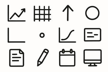 Doodle Graph Icons. Simple Line Graphs outline icons: line chart, grid, upward arrow, point marker, axis lines, minimal dot, trend curve, chart legend, document, pencil, calendar,