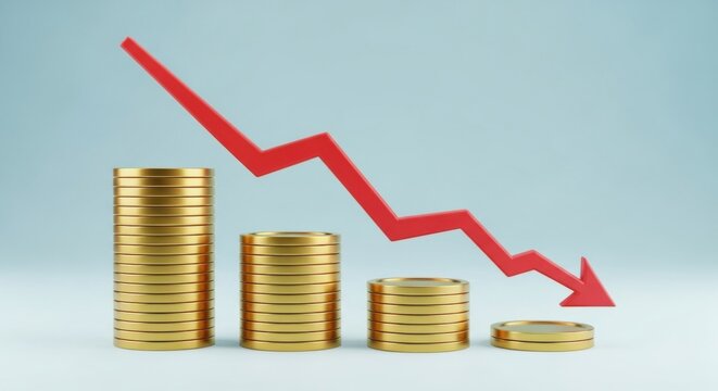 Stacks of gold coins with a red arrow pointing down indicating loss