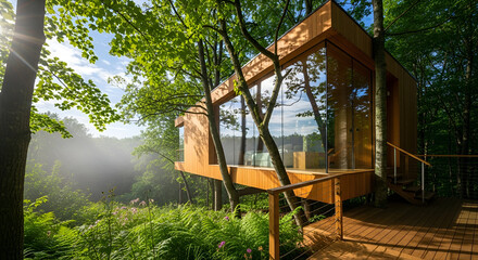 Modern wooden tree house with glass walls nestled in lush forest, sunlight filtering through leaves, ultra realistic