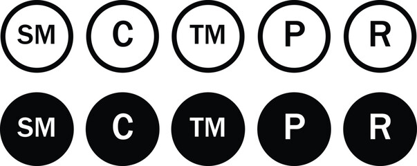 Copyright and registered trademark vector symbols set, intellectual property protection icons collection, legal rights logo design, black and white circle signs