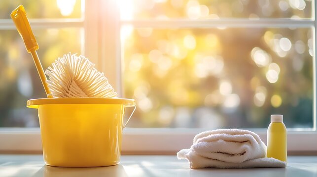 Cleaning supplies with yellow bucket and sponge near bright window in sunlight
