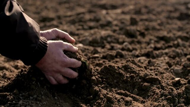 Hands of farmer hold soil from ground, examination of quality to prepare grow seedling of vegetable at organic farm. farmers hands holding black soil in their hands, fertile land concept.
