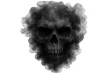 Black smoke and fog forming an evil, spooky skull with a menacing face. Representing fear, horror, and danger on a transparent background