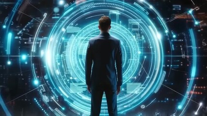 A businessman in a suit stands before a futuristic holographic interface in a high-tech environment - Powered by Adobe