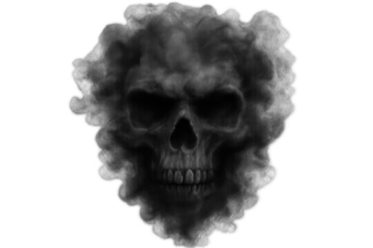 Black smoke and fog forming an evil, spooky skull with a menacing face. Representing fear, horror, and danger on a transparent background