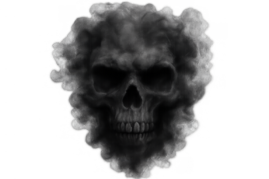Black smoke and fog forming an evil, spooky skull with a menacing face. Representing fear, horror, and danger on a transparent background