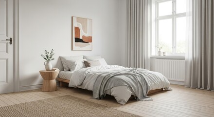 Bright bedroom with white bedding and abstract art above the bed area