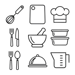 Collection of kitchen utensils and cooking equipment icons in a clean outline style