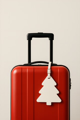 close-up of a red suitcase with a Christmas tree-shaped tag
