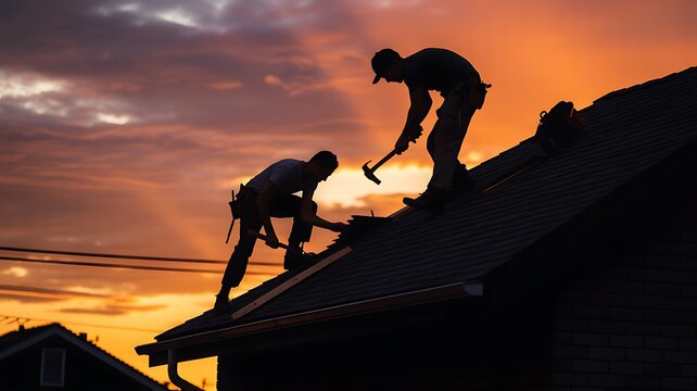 Silhouette of Two Roofers Working at Sunset with Hammer Photo