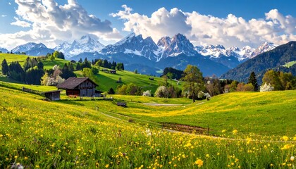 A vibrant vista of alpine landscape, rolling green hills dotted with wildflowers, with a backdrop of snow-capped mountains