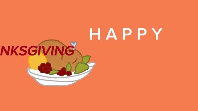 Happy Thanksgiving illustration with turkey, fruits, and berries on a plate on an orange background