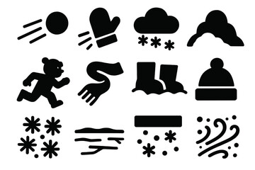 Winter Icon Set. Frosty Fun Set silhouette icon set: snowball in air, mitten toss, snow cloud, snow pile, running child, scarf trail, boots in snow, hat pom, flurry burst, icy