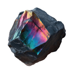 Iridescent mineral chunk displays vibrant color shift against dark rock