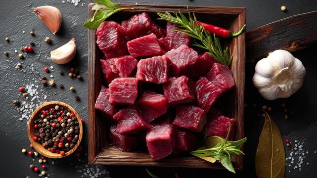 Freshly diced beef cubes ready for cooking with garlic, peppers, and rosemary, 4K