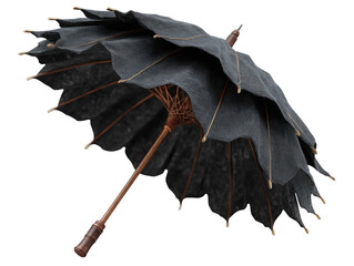 Dark, layered, gothic parasol with wooden handle and ribs