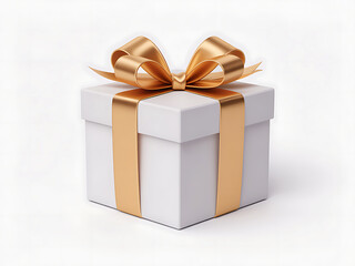 Obraz premium Elegant white gift box tied with golden ribbon on clean white background