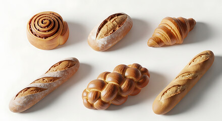Assortment of baked goods including cinnamon roll croissant bread pastry food