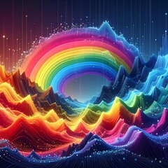 Naklejka premium A vibrant digital illustration features a rainbow arcing over abstract, wave-like terrain of layered colors, sparkling lights