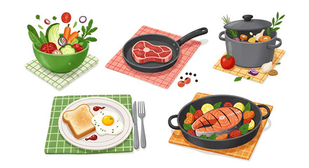Assortment of delicious food illustrations including salad steak and salmon image