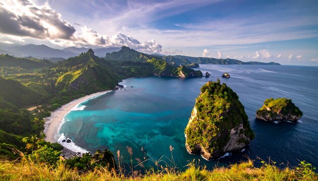 Beautiful coastal landscape with turquoise waters, lush green hills, and dramatic rock formations under a cloudy sky
