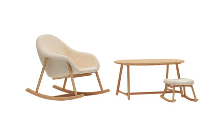 Child's rocker, table, and small rocker stool on black background