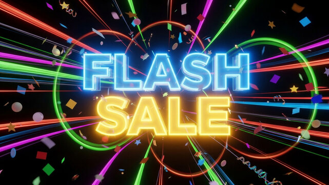Energetic Flash Sale glowing text with vibrant fireworks Laser effect, ideal for promoting e-commerce sales, online shopping events or fast-paced marketing campaigns