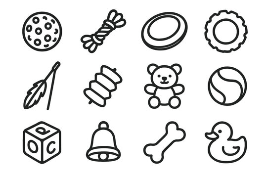 Playtime Toy Icons. Playtime Toys linear icon set: squeaky ball, rope toy, frisbee, chew ring, feather wand, crinkle toy, plush animal, bouncing ball, toy cube, bell, chew bone,