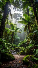 Fototapeta premium Lush Tropical Rainforest A Pathway Through Dense Greenery, Capturing Nature's Beauty and Serenity