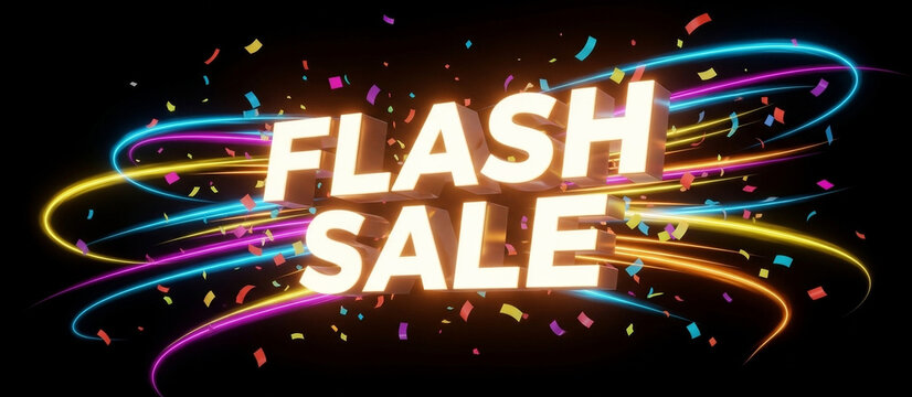 Bright colorful Flash Sale banner design with neon lights and confetti, symbolizing energy, urgency and attention-grabbing excitement for online retail promotions cover